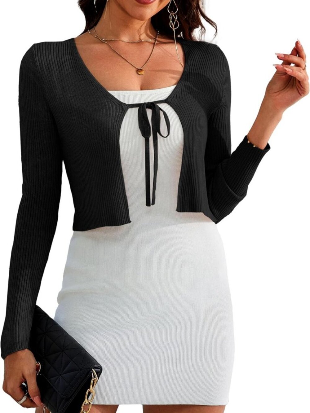 Chic Women's Tie Front Shrug Sweater - Long Sleeve Rib Knit Cropped Cardigan